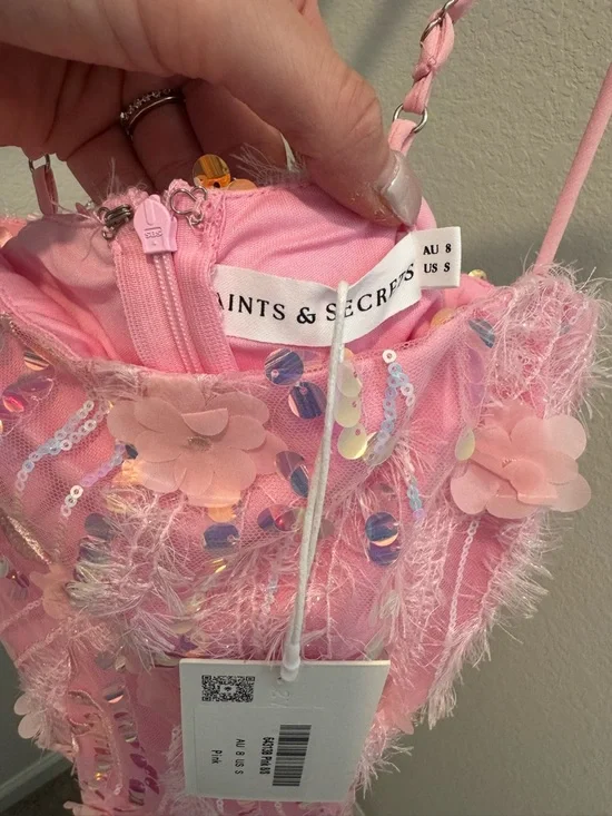 Saints & Secrets Pink Embellished Floral Sequin Spaghetti Strap Dress - Picture 4 of 5